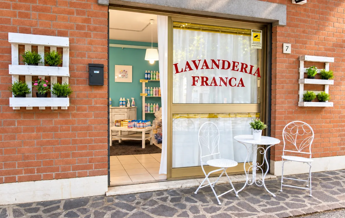 La vetrina di Lavanderia Franca in Viale Italia a Mirandola, con l’insegna sul vetro e due sedie all’ingresso